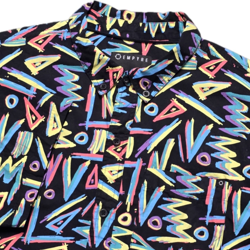 Empyre Geometric Abstract Button Up Shirt Mens Large Retro 90s Neon Skate Surf
